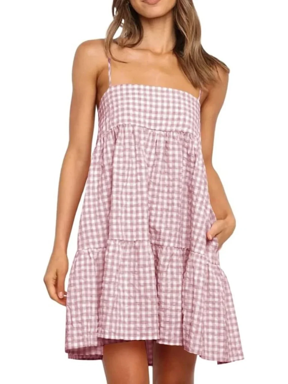 Women's Summer Plaid Mini Dress Spaghetti Strap Bean Red Sundress with Pockets - Picture 1 of 5